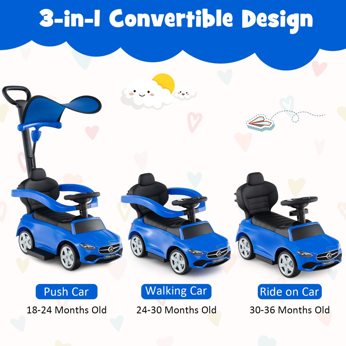 3-in-1 Ride on Push Car with Adjustable Canopy and Steering Push Bar-Navy