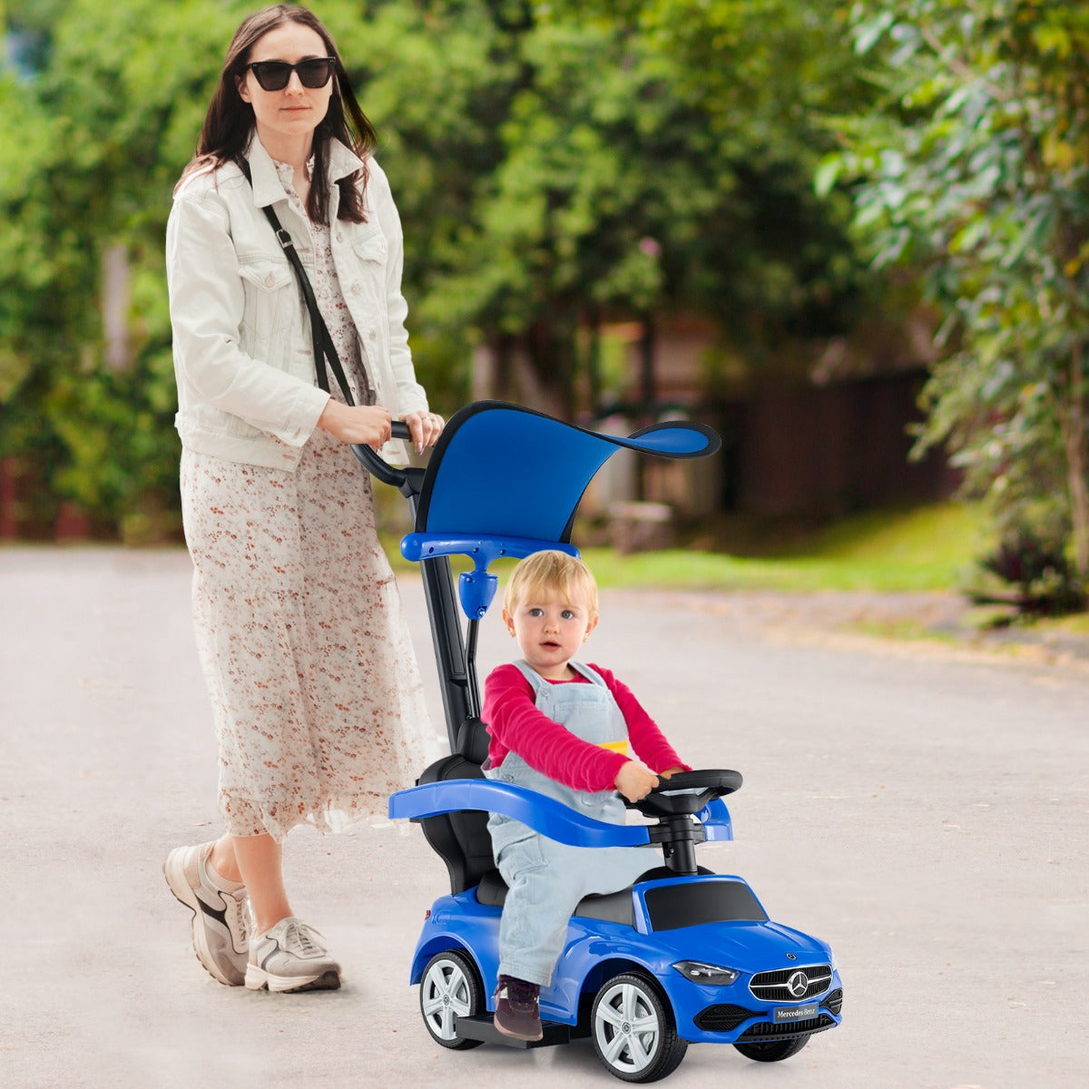 3-in-1 Ride on Push Car with Adjustable Canopy and Steering Push Bar-Navy