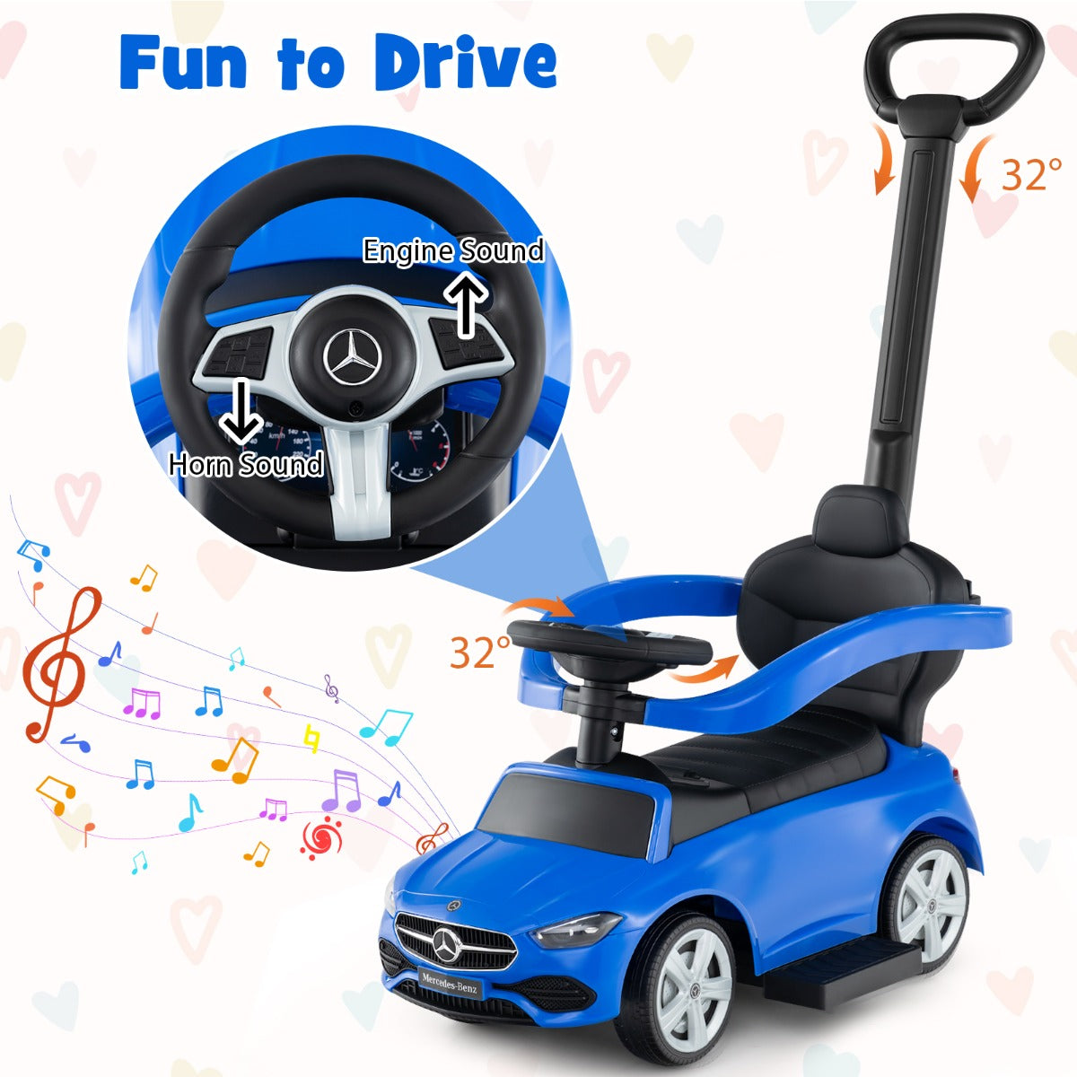 3-in-1 Ride on Push Car with Adjustable Canopy and Steering Push Bar-Navy