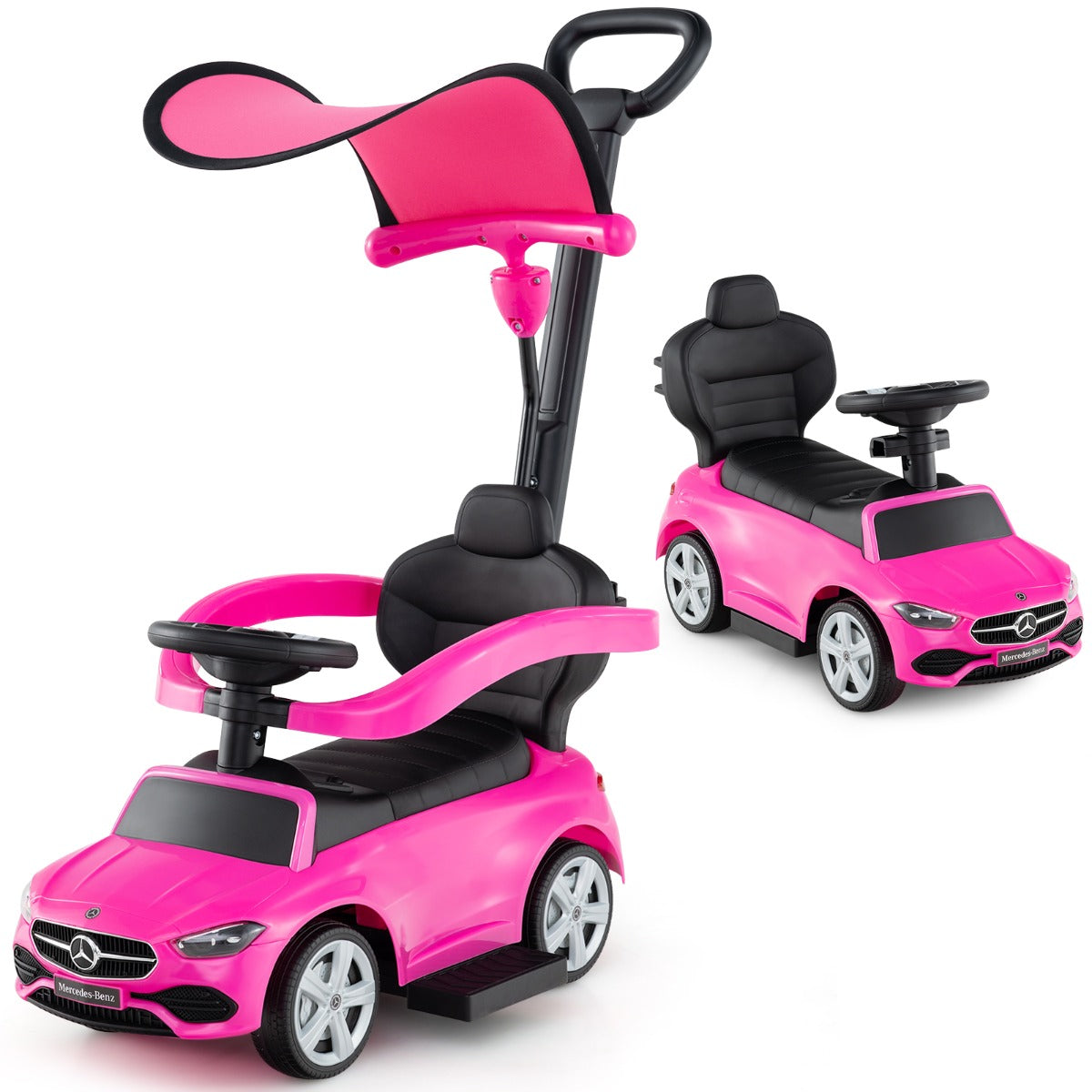 3-in-1 Ride on Push Car with Adjustable Canopy and Steering Push Bar-Pink