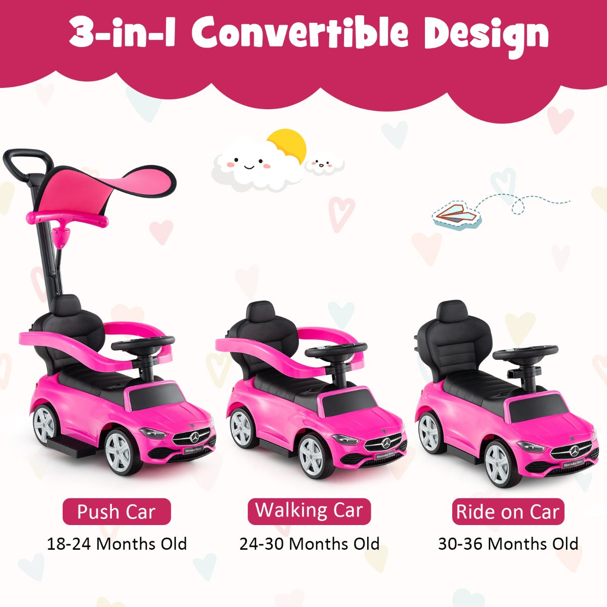 3-in-1 Ride on Push Car with Adjustable Canopy and Steering Push Bar-Pink