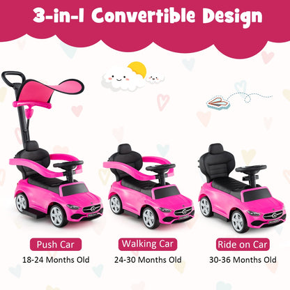 3-in-1 Ride on Push Car with Adjustable Canopy and Steering Push Bar-Pink