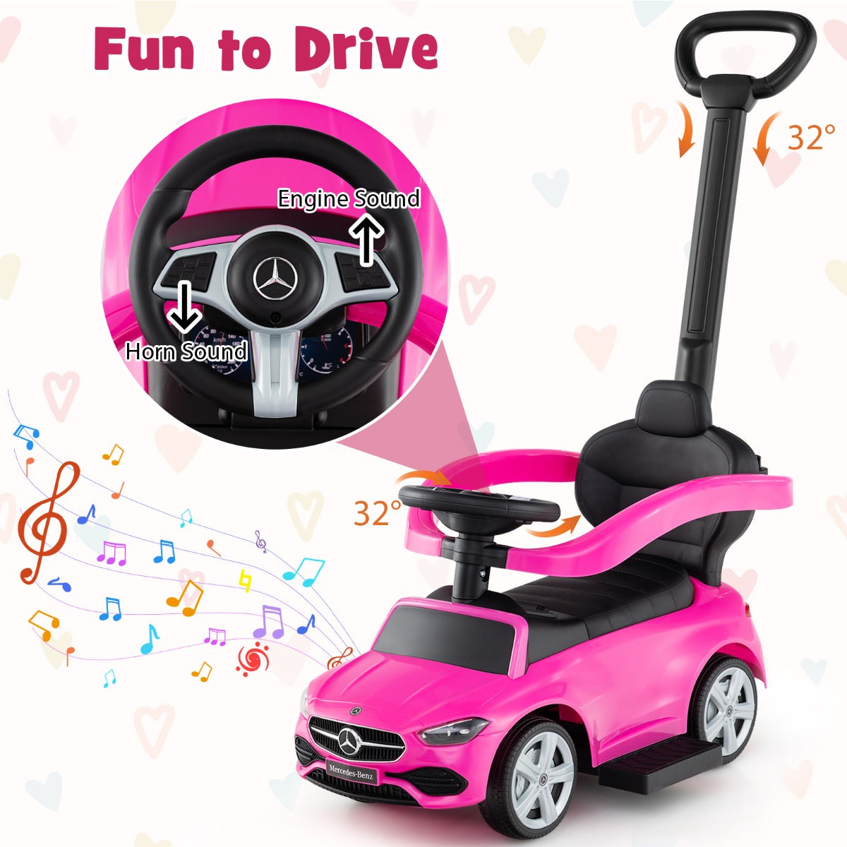 3-in-1 Ride on Push Car with Adjustable Canopy and Steering Push Bar-Pink
