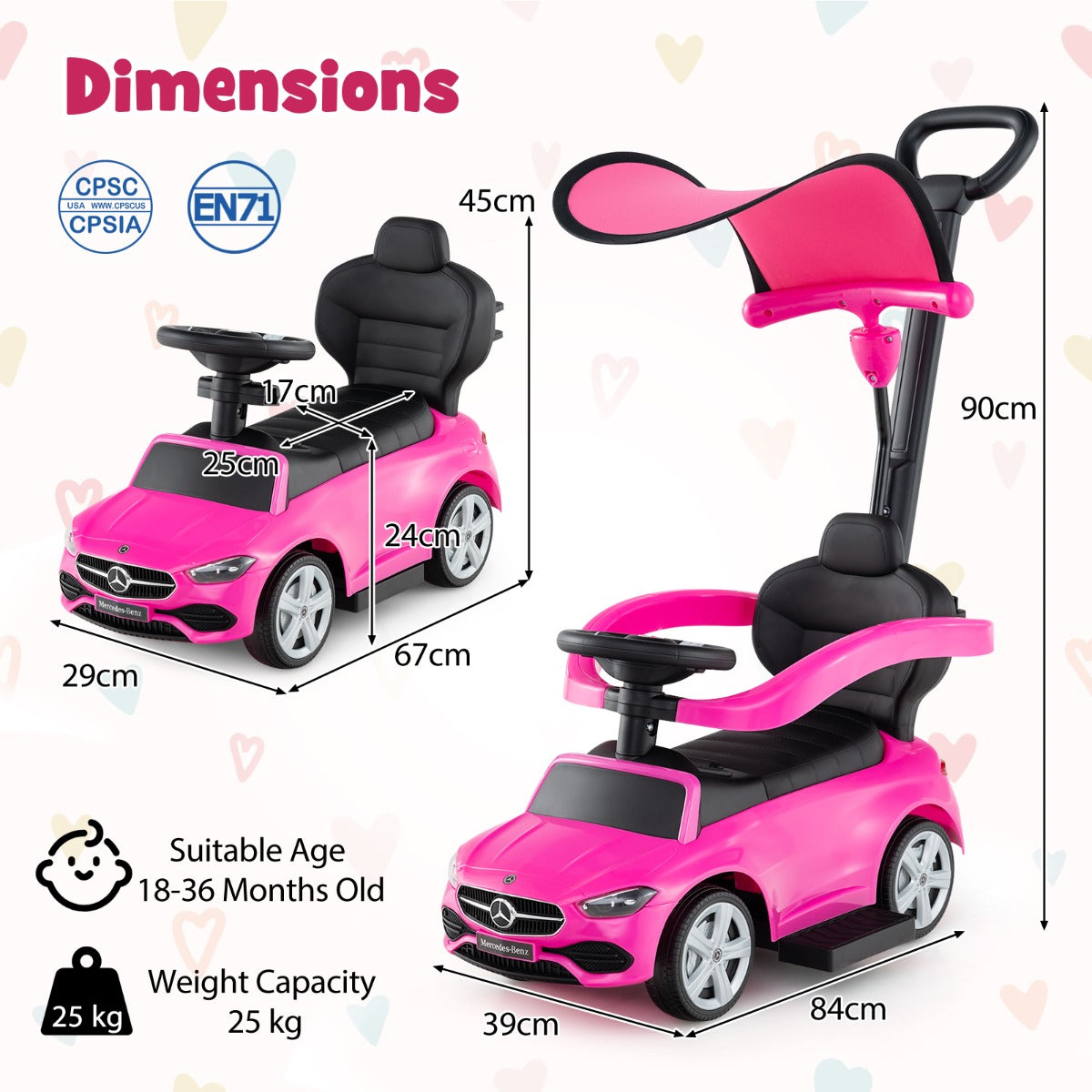 3-in-1 Ride on Push Car with Adjustable Canopy and Steering Push Bar-Pink