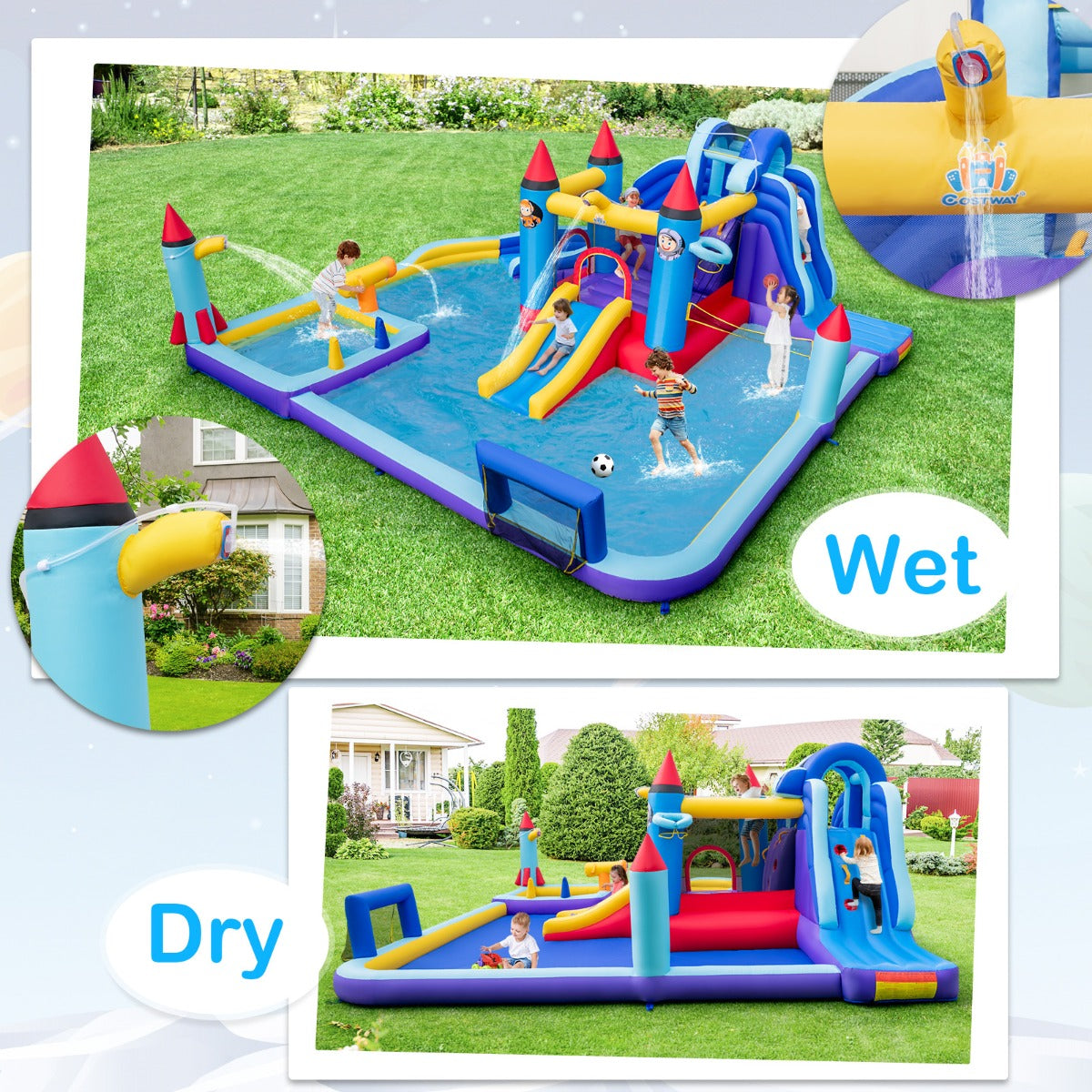 Rocket Theme Inflatable Water Slide Park with 850W Blower