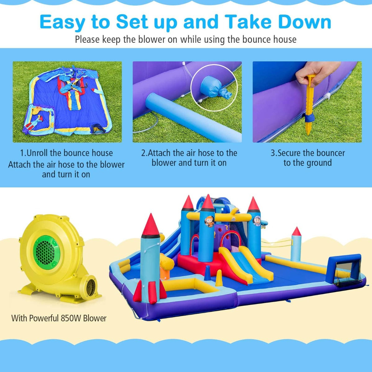 Rocket Theme Inflatable Water Slide Park with 850W Blower