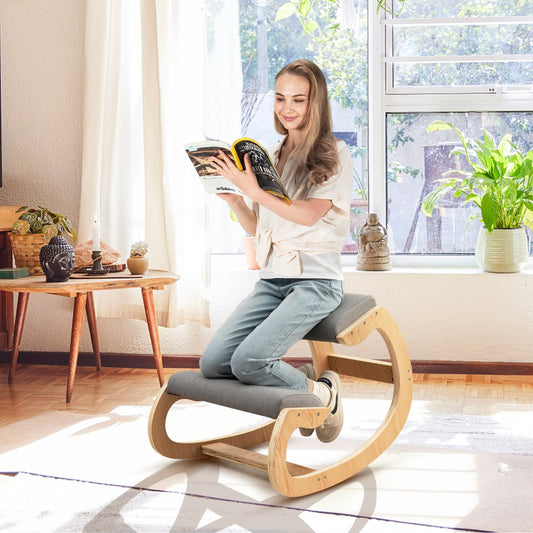 Costway Wood Rocking Posture Chair with Soft Cushion-Grey