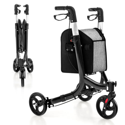 Aluminium Foldable 3-Wheel Rollator Walker with Adjustable Handle, Brakes-Black