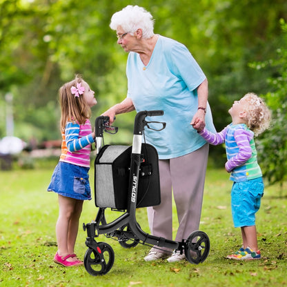 Aluminium Foldable 3-Wheel Rollator Walker with Adjustable Handle, Brakes-Black