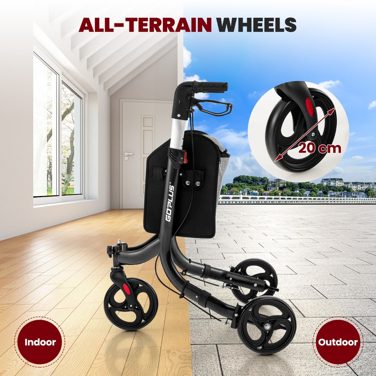 Aluminium Foldable 3-Wheel Rollator Walker with Adjustable Handle, Brakes-Black