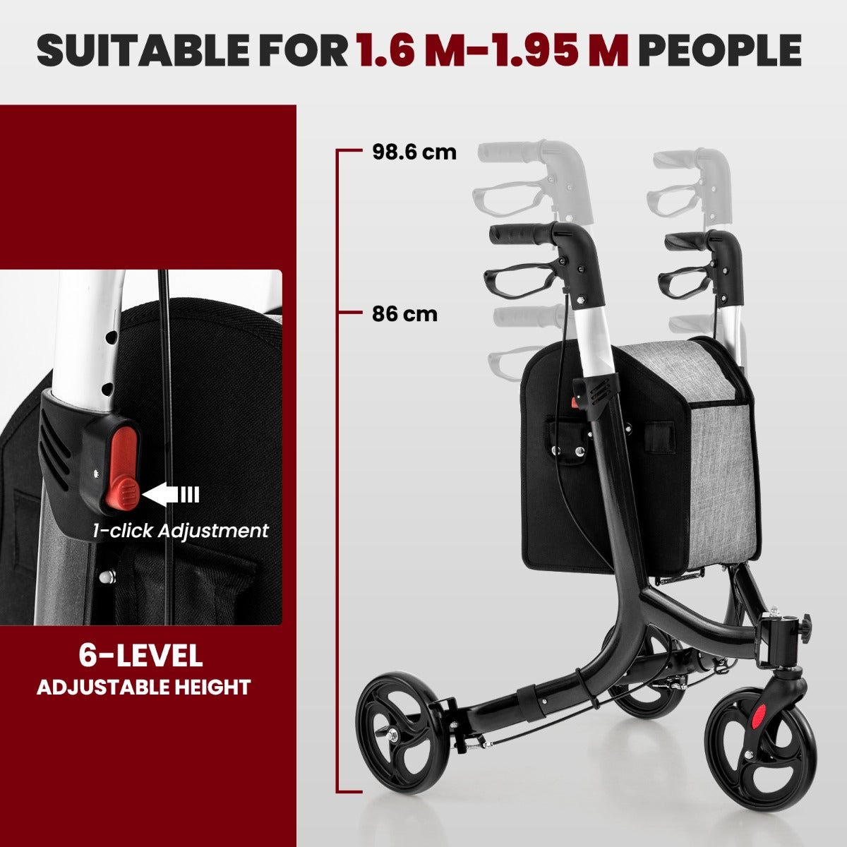 Aluminium Foldable 3-Wheel Rollator Walker with Adjustable Handle, Brakes-Black