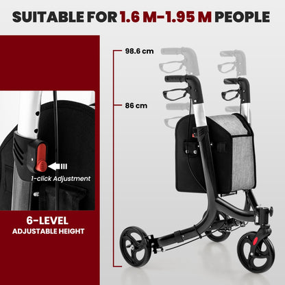 Aluminium Foldable 3-Wheel Rollator Walker with Adjustable Handle, Brakes-Black