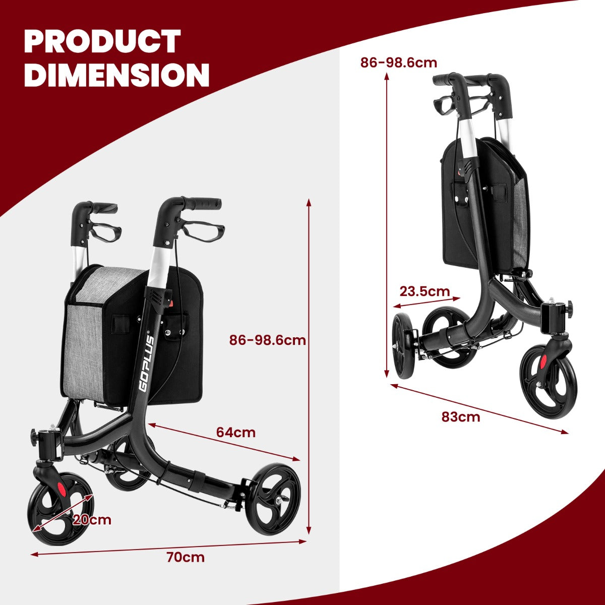 Aluminium Foldable 3-Wheel Rollator Walker with Adjustable Handle, Brakes-Black