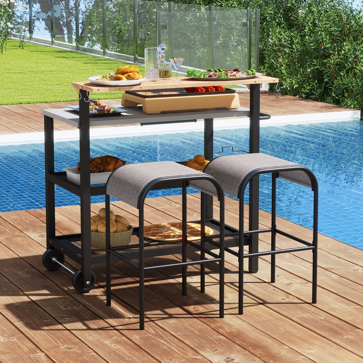 Rolling Bar Cart with Flip-up Table and Foldable Handle for Kitchen