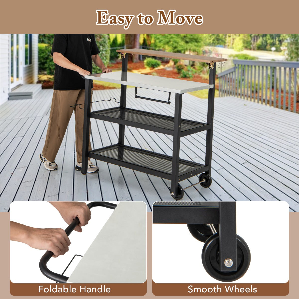 Rolling Bar Cart with Flip-up Table and Foldable Handle for Kitchen
