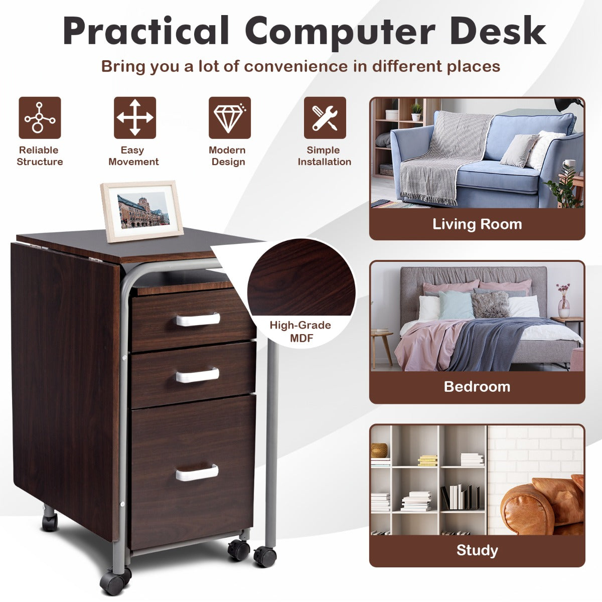 MDF computer desk with reinforced connections and durable hinges offers reliable everyday stability