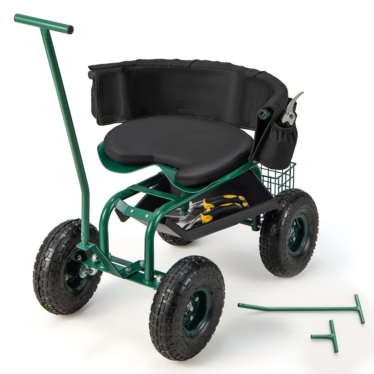 Adjustable garden scooter seat raises from 42cm to 52cm for comfortable outdoor work