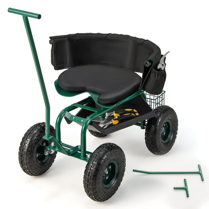 Adjustable garden scooter seat raises from 42cm to 52cm for comfortable outdoor work
