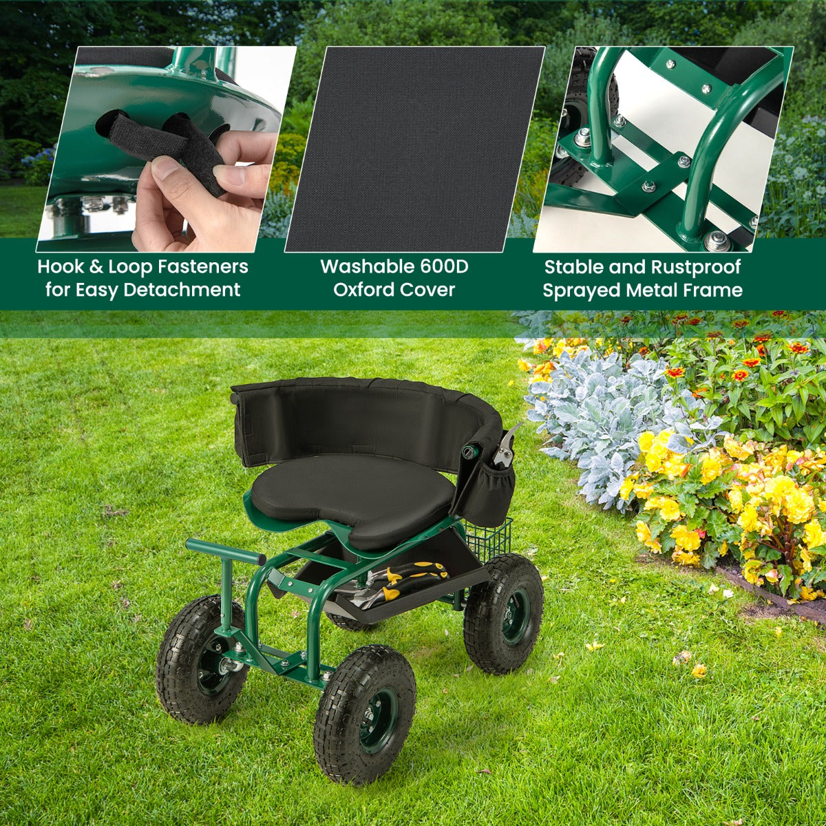 Garden cart with 360-degree swivel seat helps reduce bending fatigue during gardening tasks