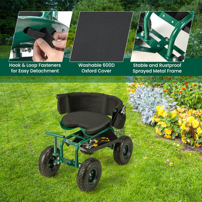 Garden cart with 360-degree swivel seat helps reduce bending fatigue during gardening tasks