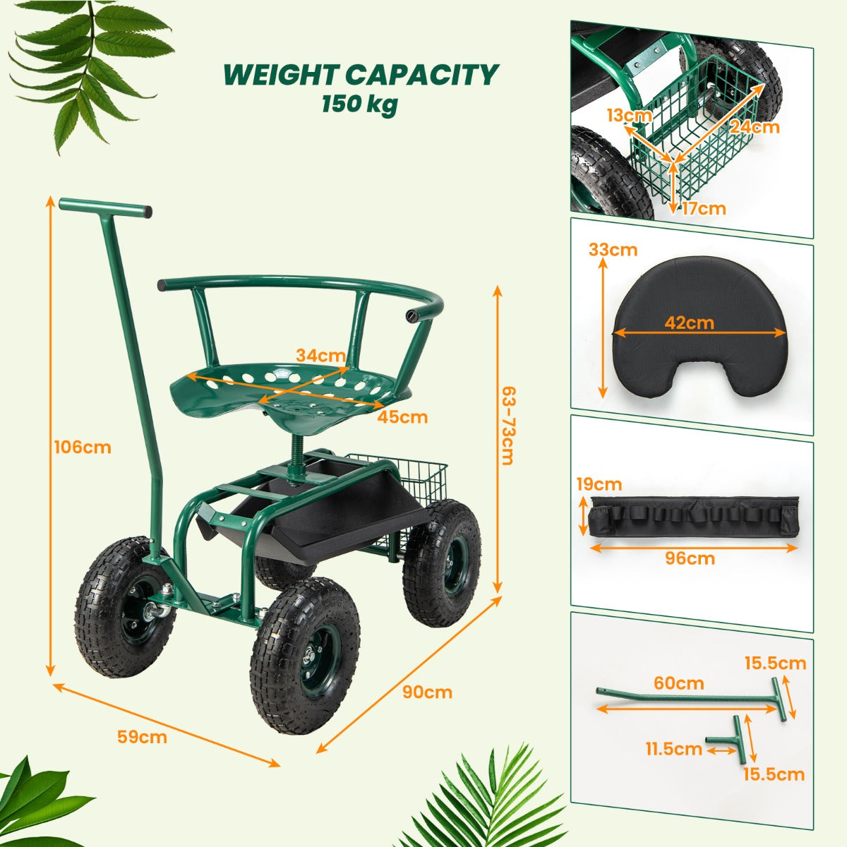 Heavy-duty garden rolling cart with powder-coated metal frame and 150kg load capacity