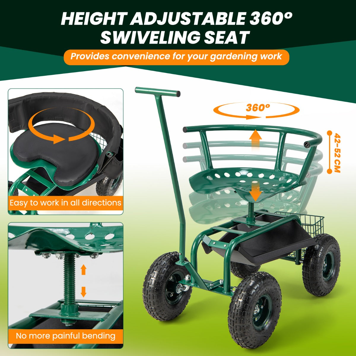 Padded garden cart seat and backrest provide soft support for long planting sessions