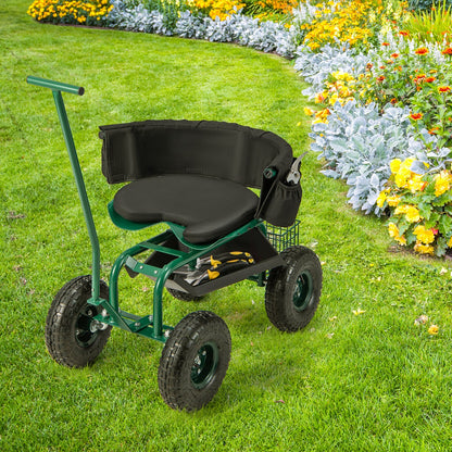 Mobile gardening stool with two steering handles makes pulling and positioning the cart easy