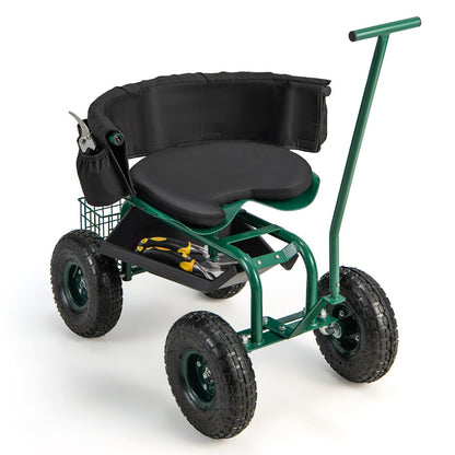 Garden tool cart includes basket tray and pockets for gloves shovels and pruning supplies