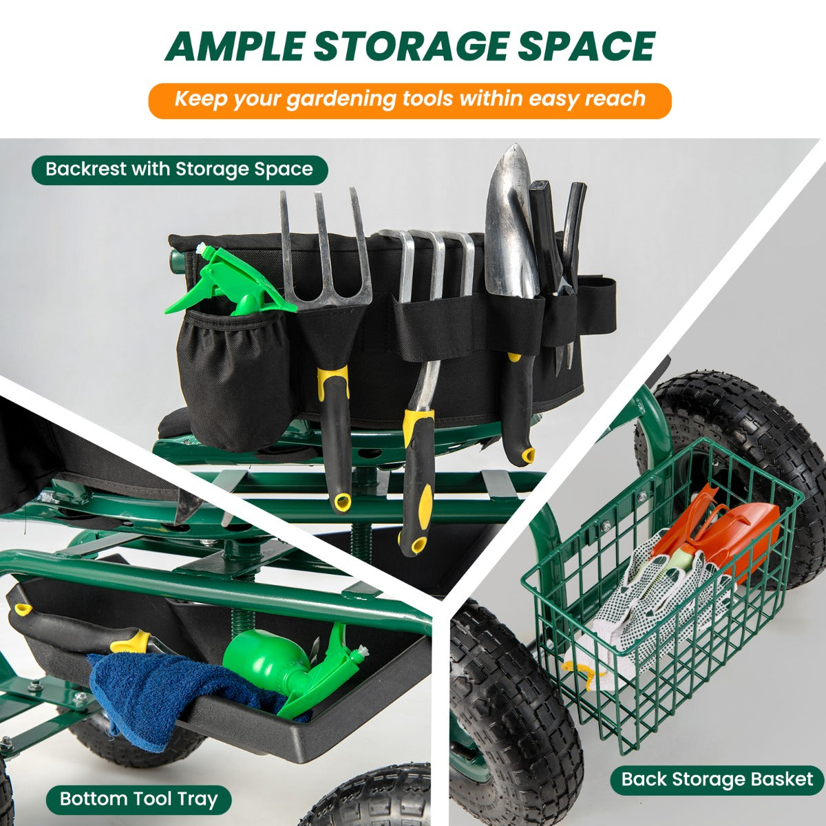 Versatile garden scooter for planting trimming harvesting landscaping farms and greenhouses