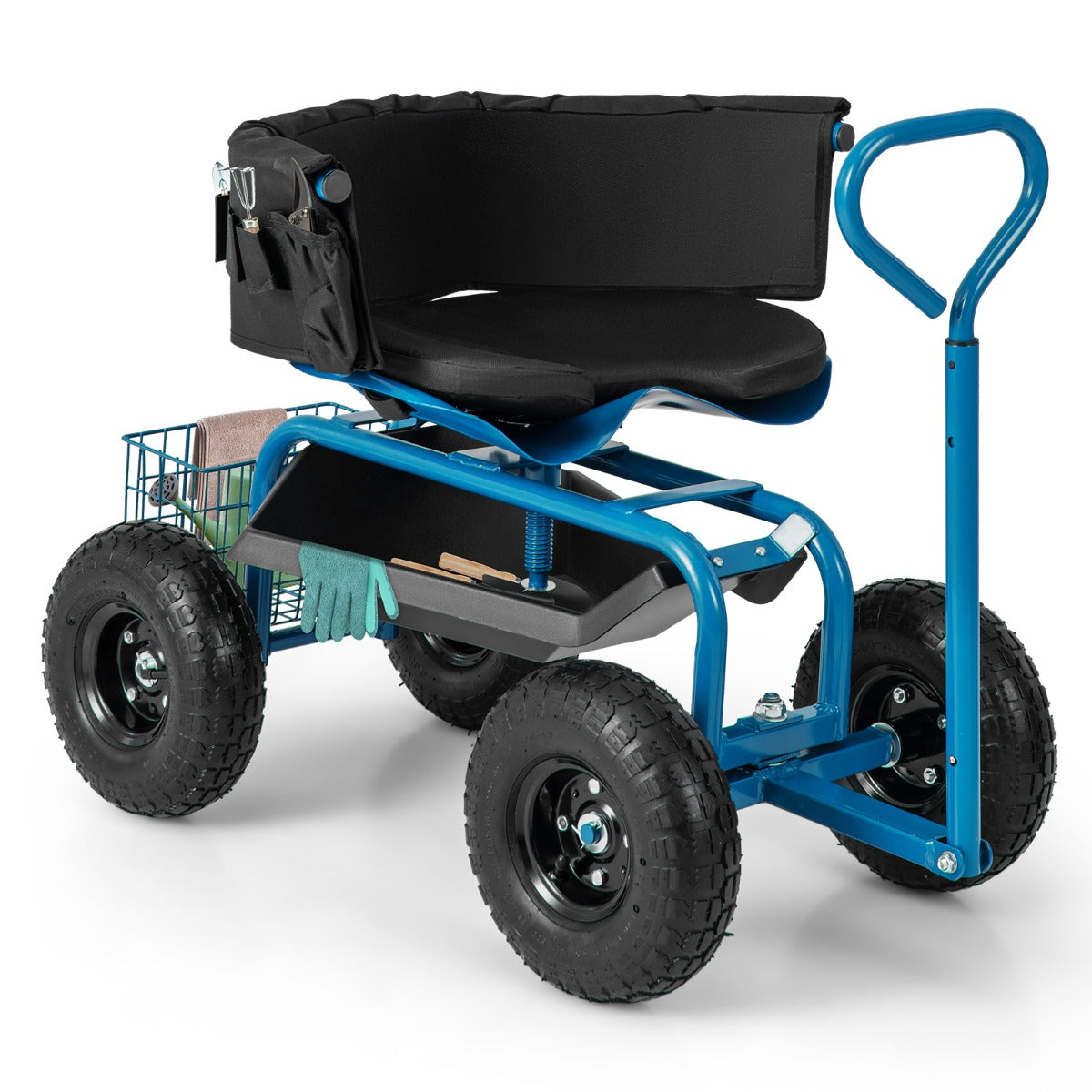 Rolling Garden Cart Scooter with Tray Storage Basket Tool Pouch Seat Cushion-Blue