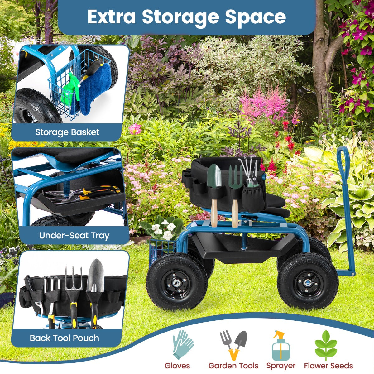 Rolling Garden Cart Scooter with Tray Storage Basket Tool Pouch Seat Cushion-Blue