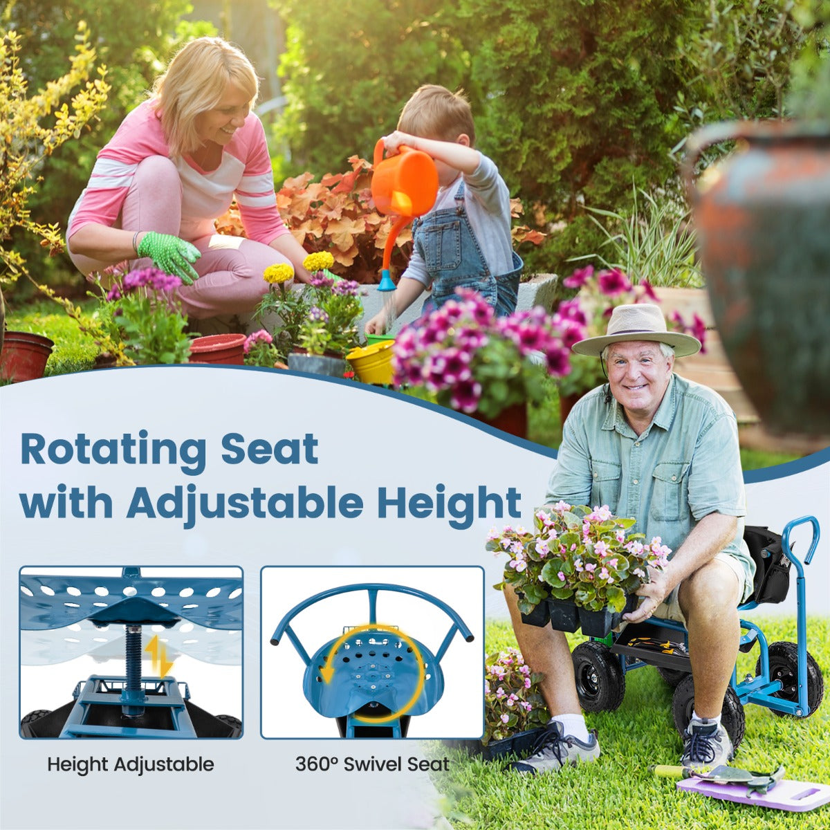 Rolling Garden Cart Scooter with Tray Storage Basket Tool Pouch Seat Cushion-Blue