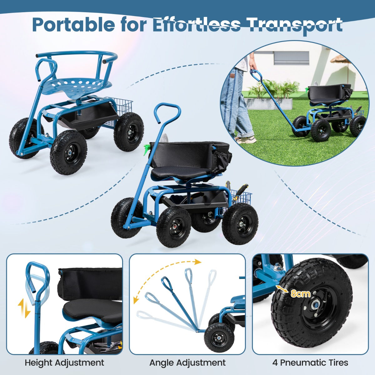 Rolling Garden Cart Scooter with Tray Storage Basket Tool Pouch Seat Cushion-Blue