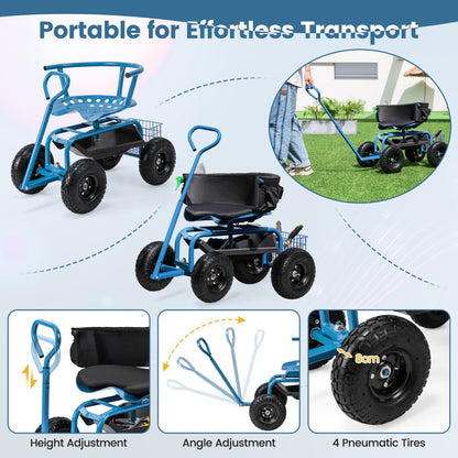 Rolling Garden Cart Scooter with Tray Storage Basket Tool Pouch Seat Cushion-Blue