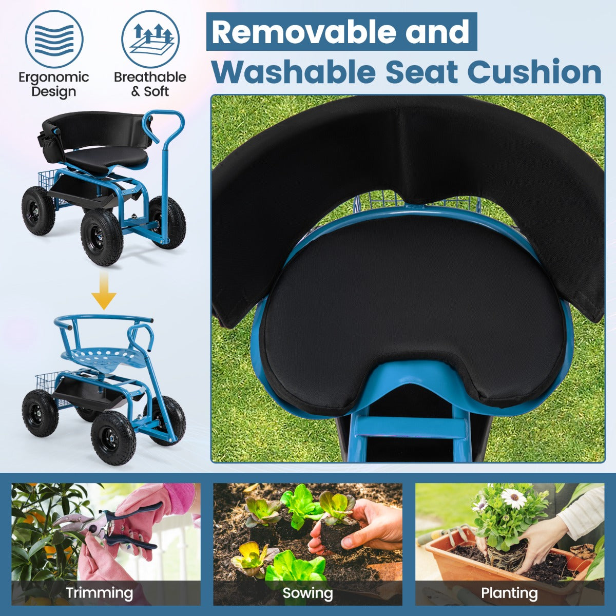 Rolling Garden Cart Scooter with Tray Storage Basket Tool Pouch Seat Cushion-Blue