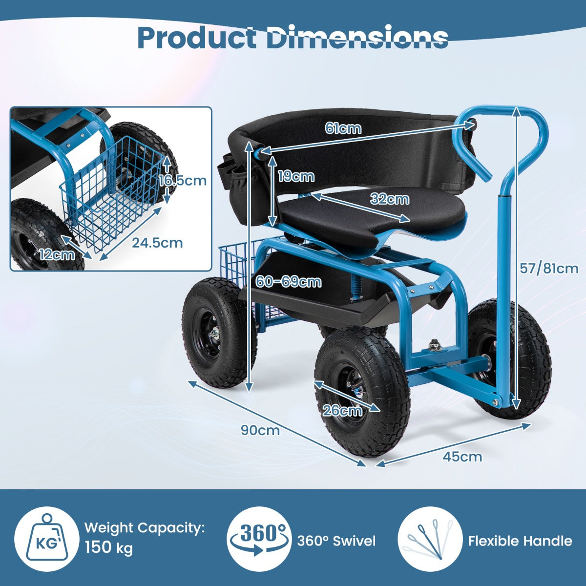 Rolling Garden Cart Scooter with Tray Storage Basket Tool Pouch Seat Cushion-Blue