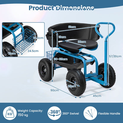 Rolling Garden Cart Scooter with Tray Storage Basket Tool Pouch Seat Cushion-Blue