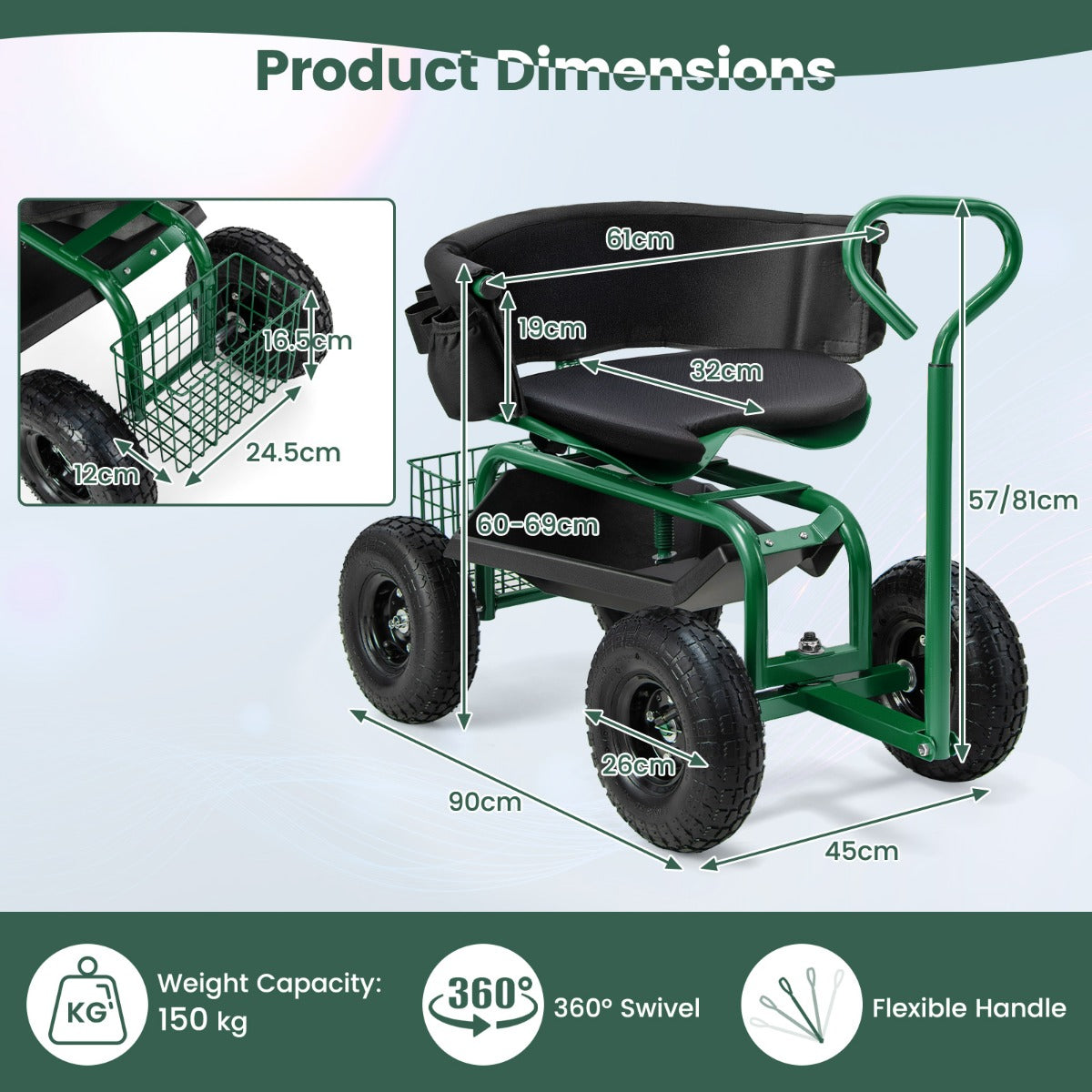 Rolling Garden Cart Scooter with Tray Storage Basket Tool Pouch Seat Cushion-Green
