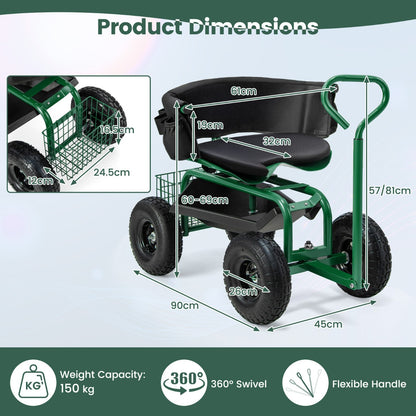 Rolling Garden Cart Scooter with Tray Storage Basket Tool Pouch Seat Cushion-Green
