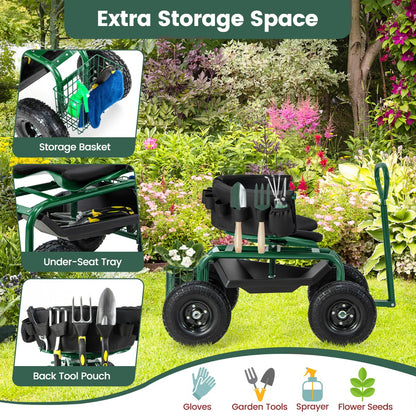 Rolling Garden Cart Scooter with Tray Storage Basket Tool Pouch Seat Cushion-Green