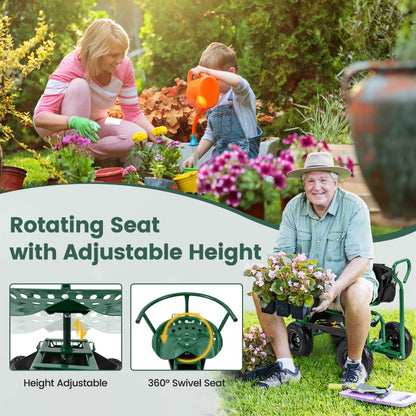 Rolling Garden Cart Scooter with Tray Storage Basket Tool Pouch Seat Cushion-Green