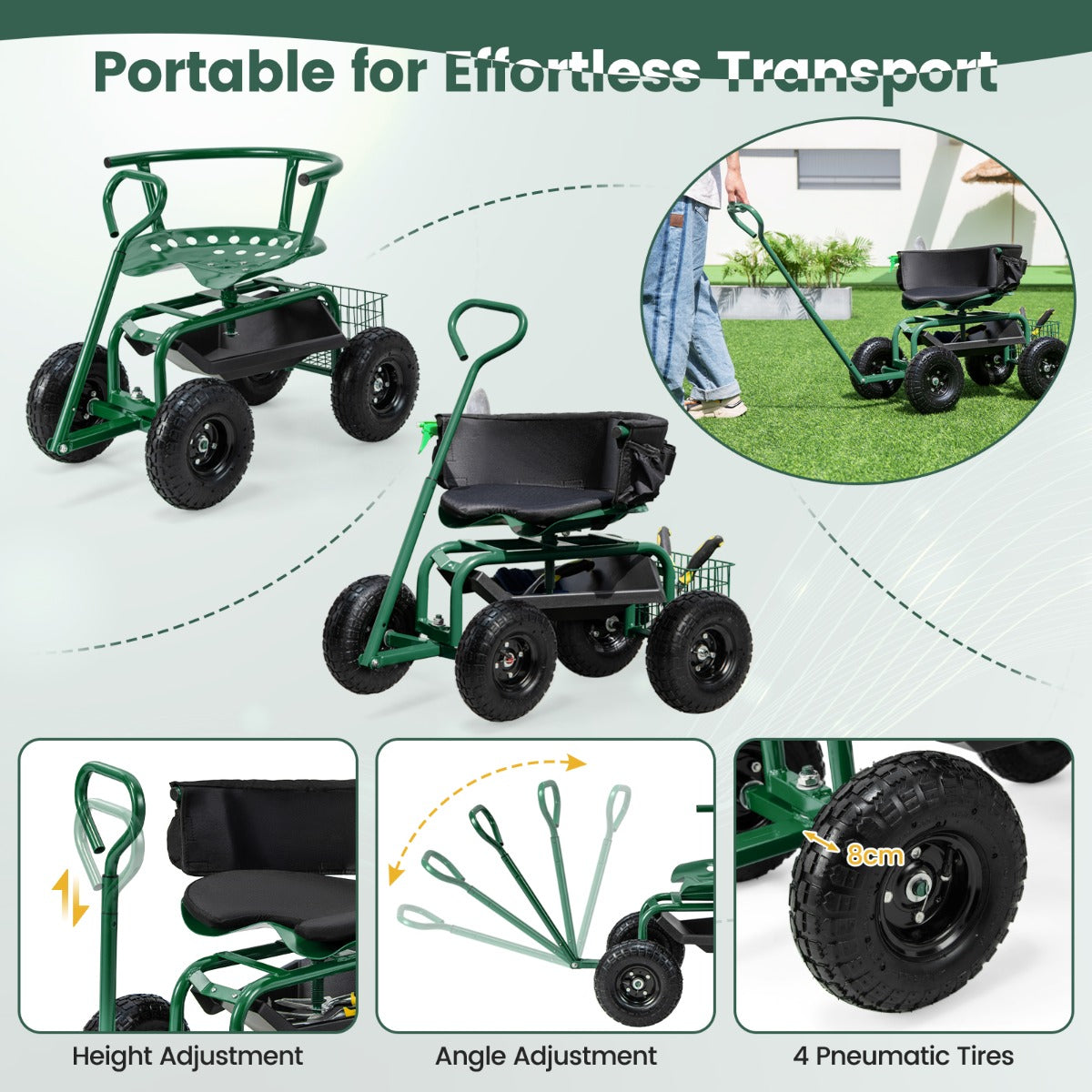 Rolling Garden Cart Scooter with Tray Storage Basket Tool Pouch Seat Cushion-Green