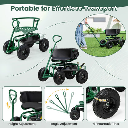 Rolling Garden Cart Scooter with Tray Storage Basket Tool Pouch Seat Cushion-Green