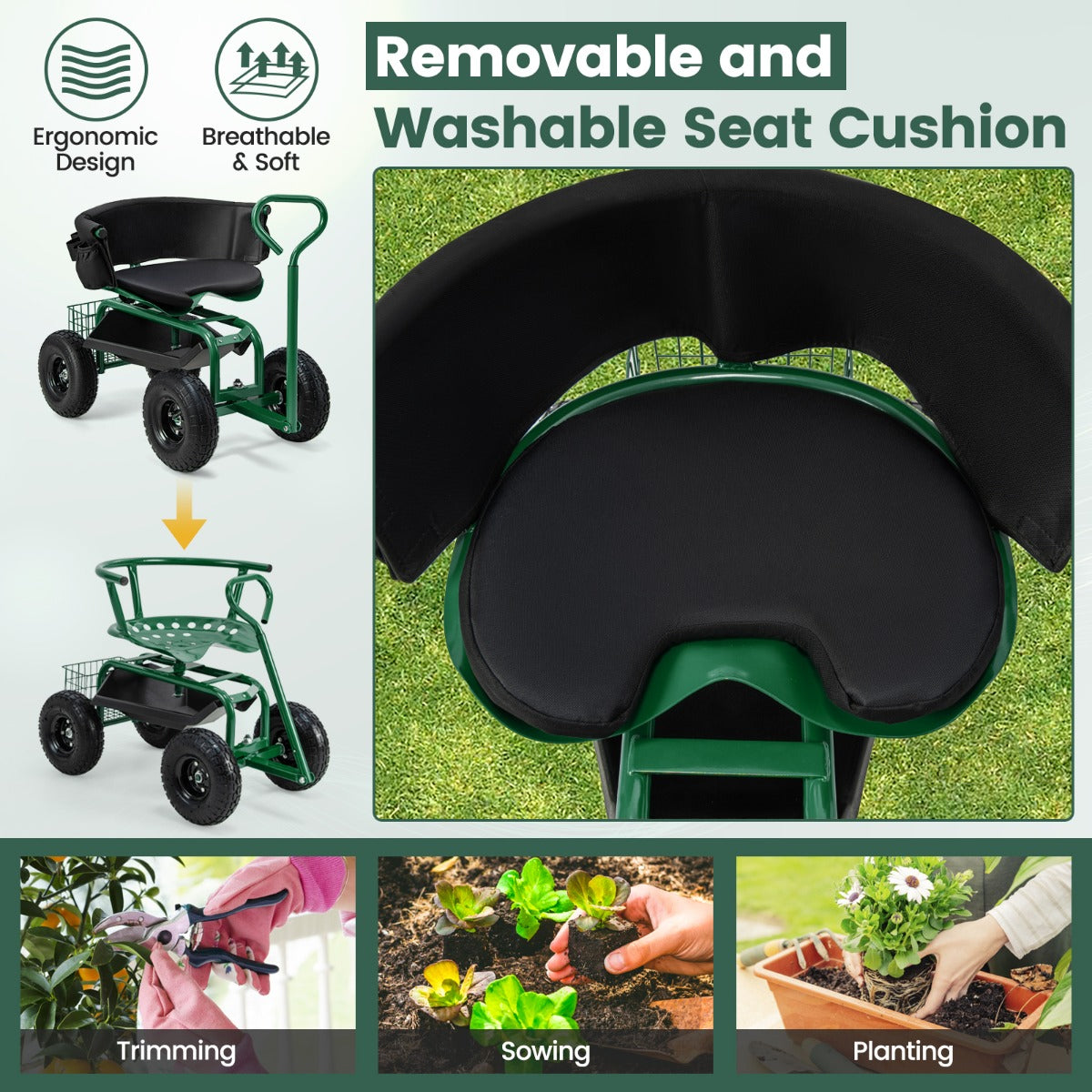 Rolling Garden Cart Scooter with Tray Storage Basket Tool Pouch Seat Cushion-Green
