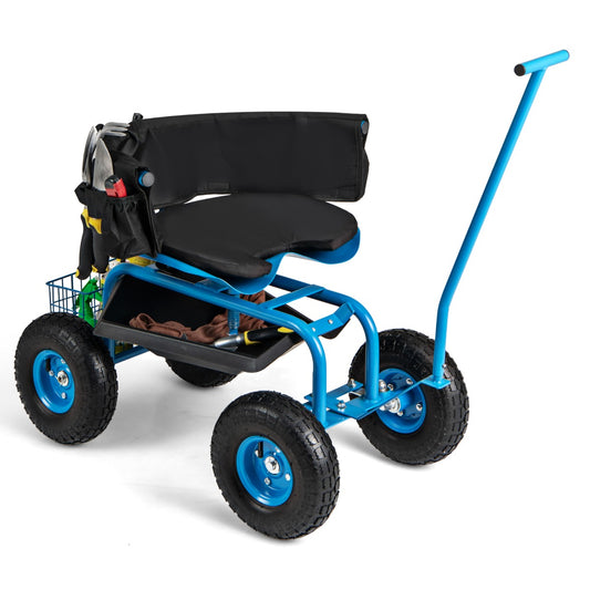 Rolling Garden Cart with Seat and Tool Storage for Outdoor Garden-Blue