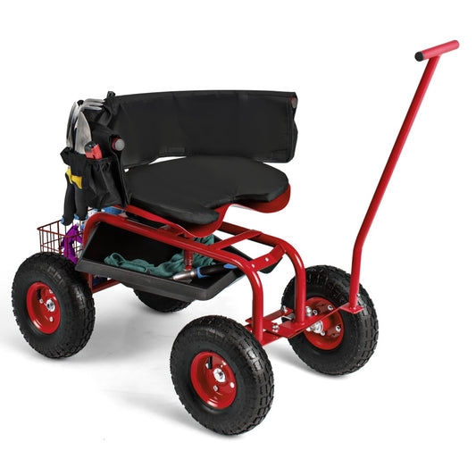 Rolling Garden Cart with Seat and Tool Storage for Outdoor Garden-Red