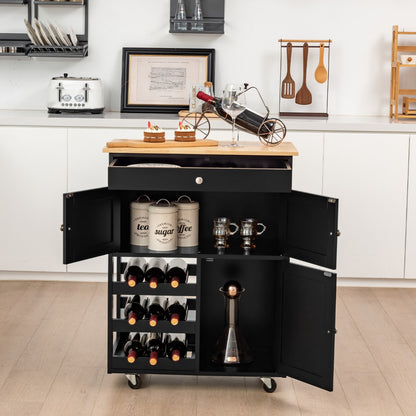 Rolling Kitchen Cart with 3 Tier Wine Racks and Cupboards-Black