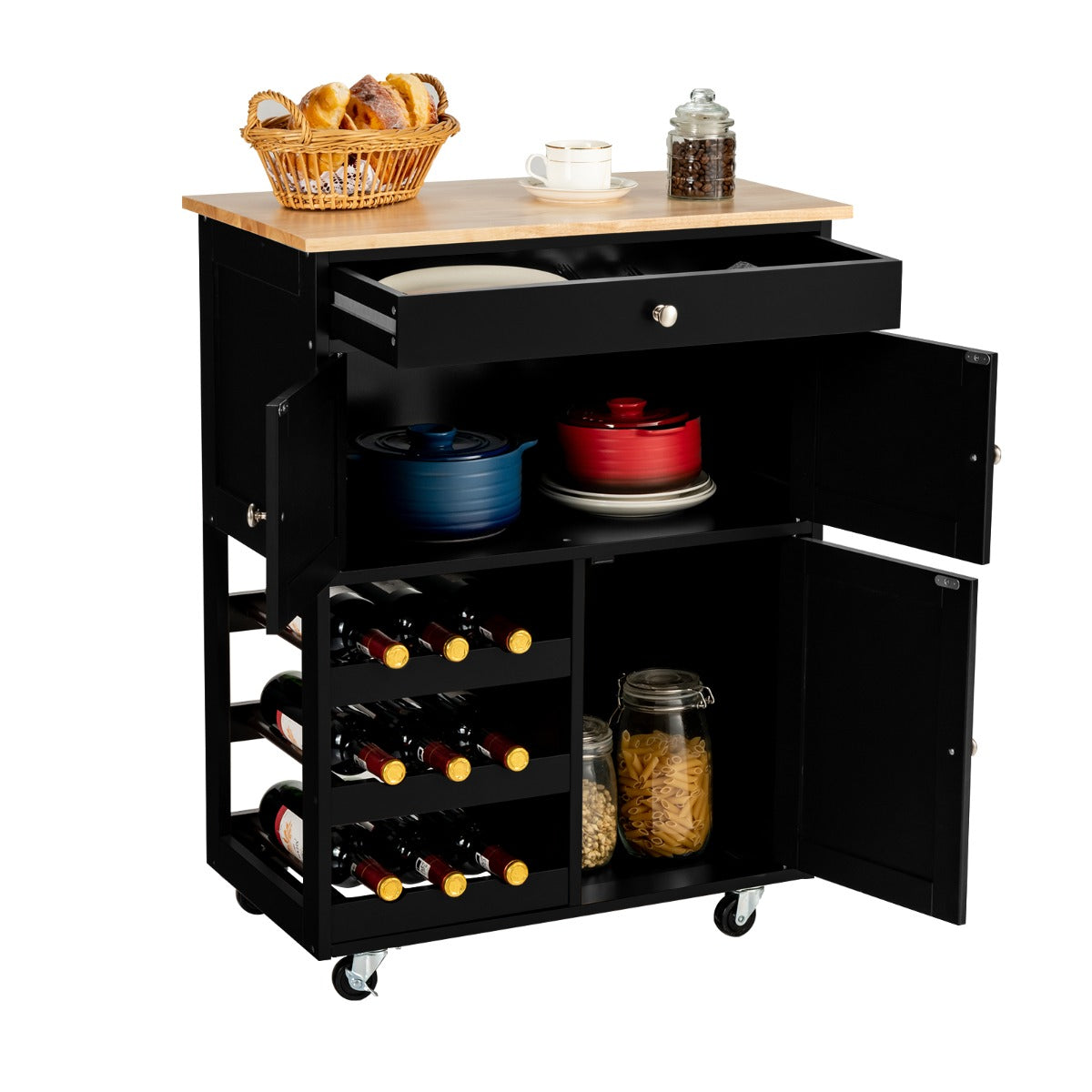 Rolling Kitchen Cart with 3 Tier Wine Racks and Cupboards-Black