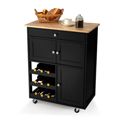 Rolling Kitchen Cart with 3 Tier Wine Racks and Cupboards-Black