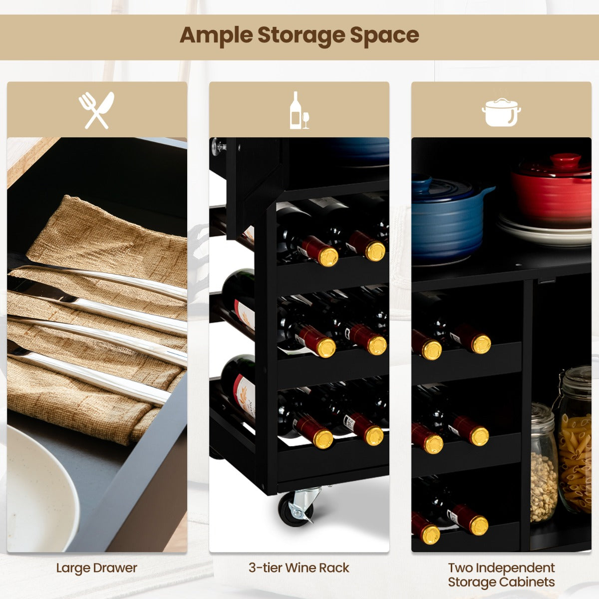 Rolling Kitchen Cart with 3 Tier Wine Racks and Cupboards-Black